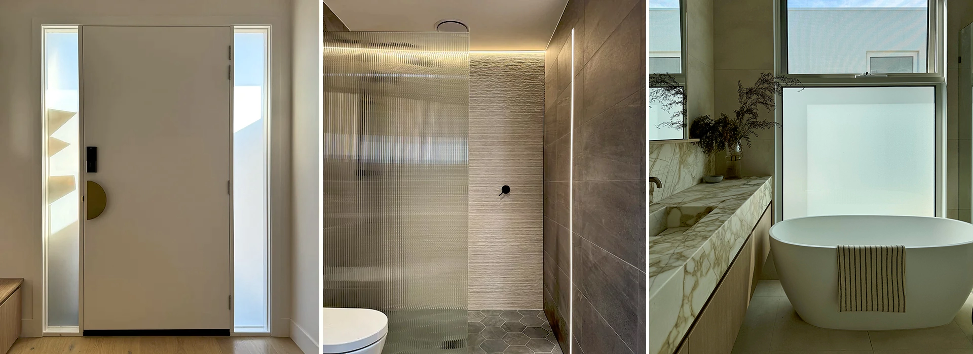 Decorative privacy window films on front door and bathroom windows