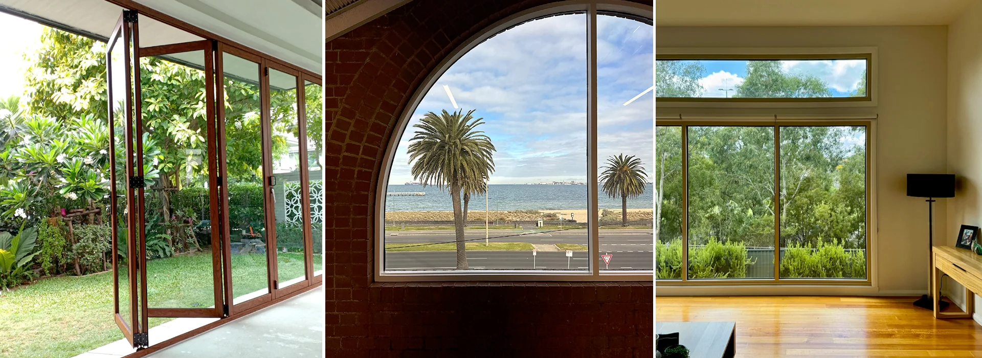 Tinted glass doors and windows in modern homes with garden and ocean views